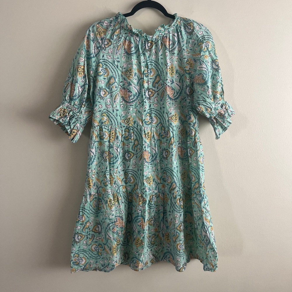 The Fox and the Mermaid Seafoam Block Print Cotton Tiered Mini Dress Size S